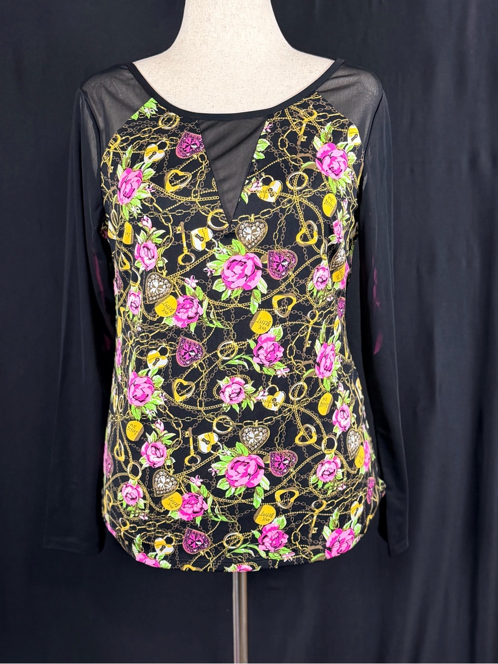 Betsey Johnson Black Long Sleeve Top Pink Roses Gold Chain Print Mesh Sleeves